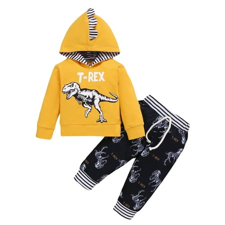 

Infant Baby Boys Clothes Baby Boys Outfits Dinosaur Print Long Sleeve Hooded Top Pants 2PCS Set Yellow 6-12 Months