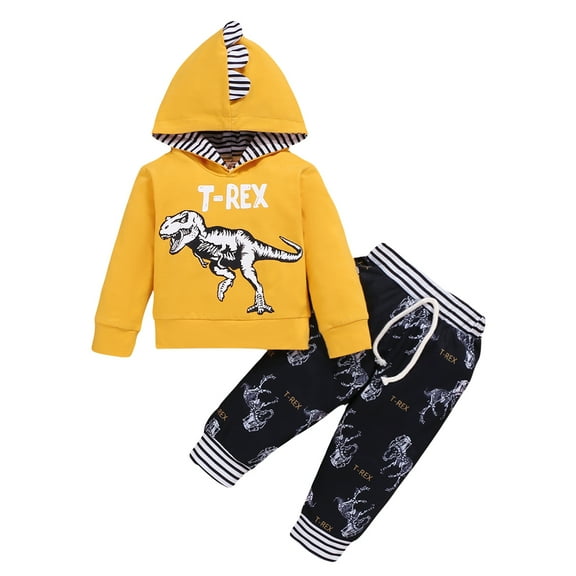 Kucnuzki 18 Months Baby Boy Winter Outfits Pants Sets 24 Months Long Sleeve Dinosaur Prints Hooded Sweatshirt Tops Elastic Camouflage Pants 2PCS Set Yellow