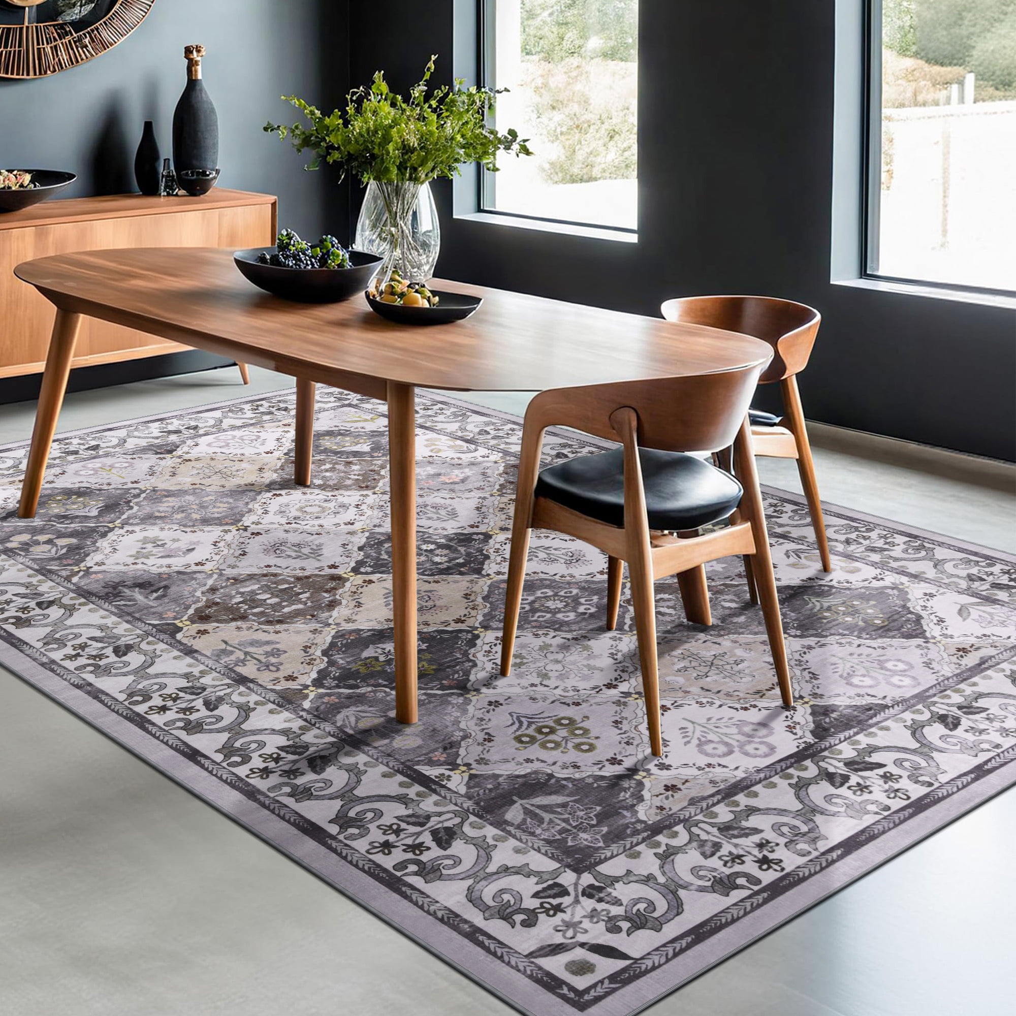 Wondo Moroccan Vintage Trellis Area Rug - Machine Washable Non-Slip Low-Profile 5x8 Floor Carpet for Living Room, Bedroom, Dining Room, Office & Nursery, Gray