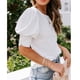 thumbnail image 2 of Camisa de verano blanca con mangas abullonadas, cuello redondo, puños abullonados, blusa holgada plisada con cierre de botones, talla XL, 2 of 5