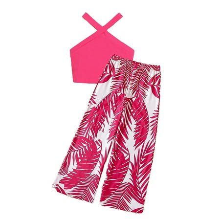 

TAIAOJING Little Baby Girl Clothes Halterneck Sleeveless Solid Color Top Printed Wide Leg Pantsuit for Girls Summer Outfits 7-8 Years