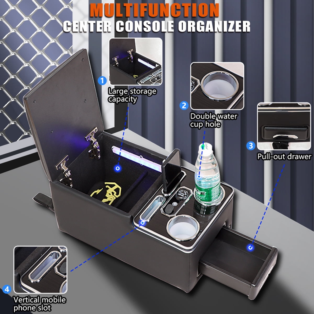 Universal Center Console, Bench Rear Seat Armrest Organizer with Fast Phone Charging & Upgraded 7-Color Adjustable LED Lighting, Truck Center Console Storage Box with Cup & Phone Holders(Beige)