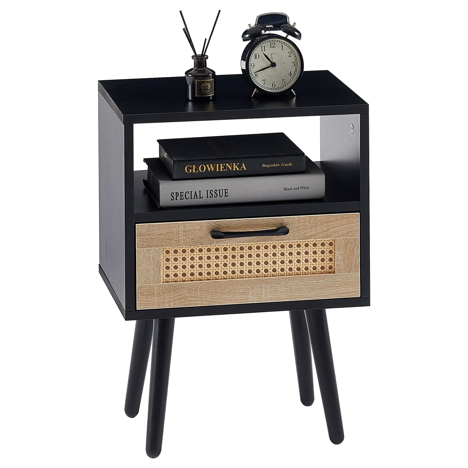 Kadyn Rattan Bedside Table, 15.75" Night Stand with Drawer and Solid Wood Legs, Modern Wood Nightstand for Bedroom, Black Kadyn Rattan Bedside Table, 15.75" Night Stand with Drawer and Solid Wood Legs, Modern Wood Nightstand for Bedroom, Black