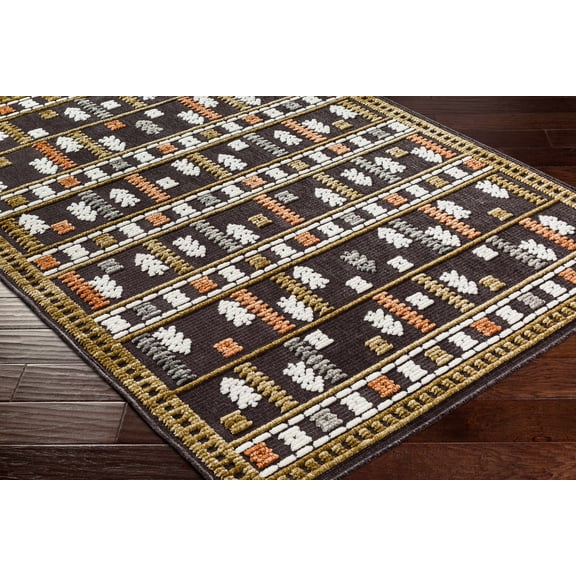 Hauteloom Daros Living Room, Bedroom Machine Washable Area Rug - Geometric Striped Border - Southwestern Tribal Aztec - Black, White, Orange - 3'3" x 5'