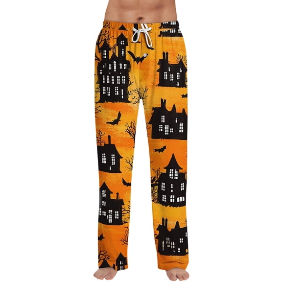 Domzest Halloween Pajama Pants Men Pumpkin Ghost Bat Print Wide Leg Pj Bottoms Drawstring Elastic Waisted Funny Sleepwear Orange XXXL
