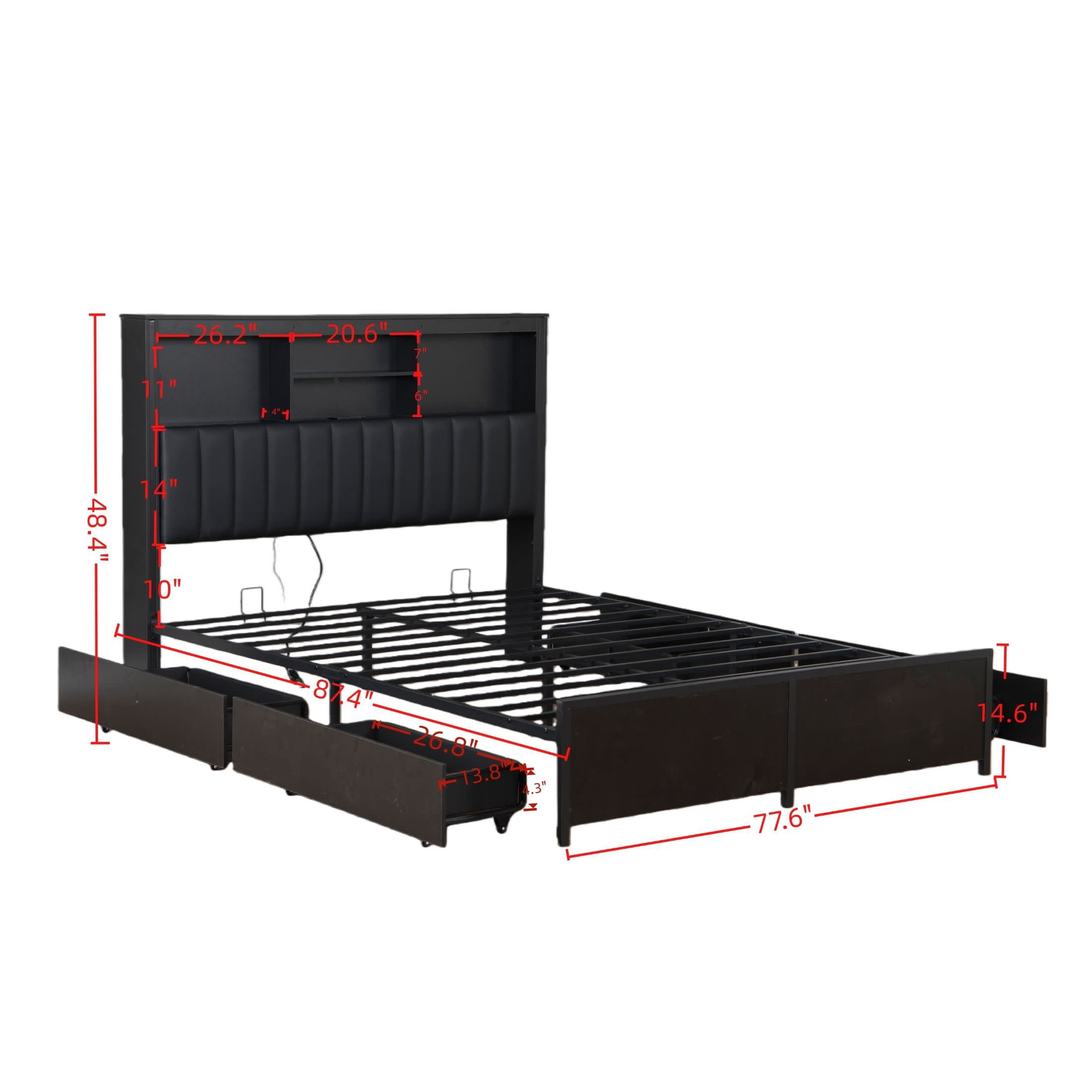 Noble House Junden King Bed Frame with Bookcase Headboard and Storage Drawers, LED Lights, Charging Station, Black