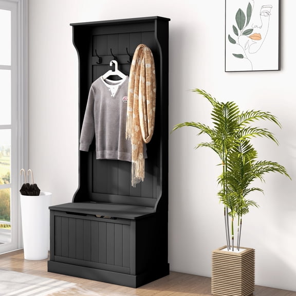 HOMCOM 3-In-1 Entryway Hall Tree with Storage Bench, Coat Rack with Four Hooks, and Shoe Storage, Black