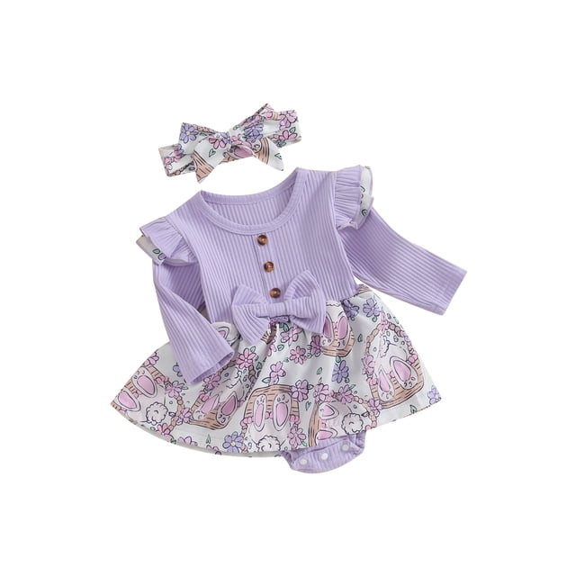Diconna Tenue de Pâques pour Bébé Fille, Robe à Manches Longues Col Rond Imprimé Lapin Fleuri avec Bandeau