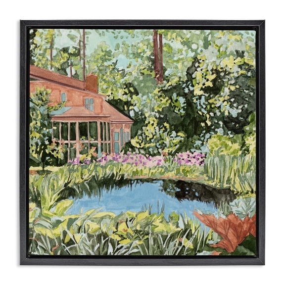 Stupell Industries Rustic Lodge Cottage with Backyard Pond Black Floating Frame Canvas Art, 18 x 18, by Melissa Wang