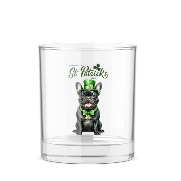 Happy St. Patrick’s Day French Bulldog with Green Hat Shamrocks Rainbow 11oz Whiskey Glass Mug Dog Lover Gifts Whiskey Cocktail Glasses Cup - 03007