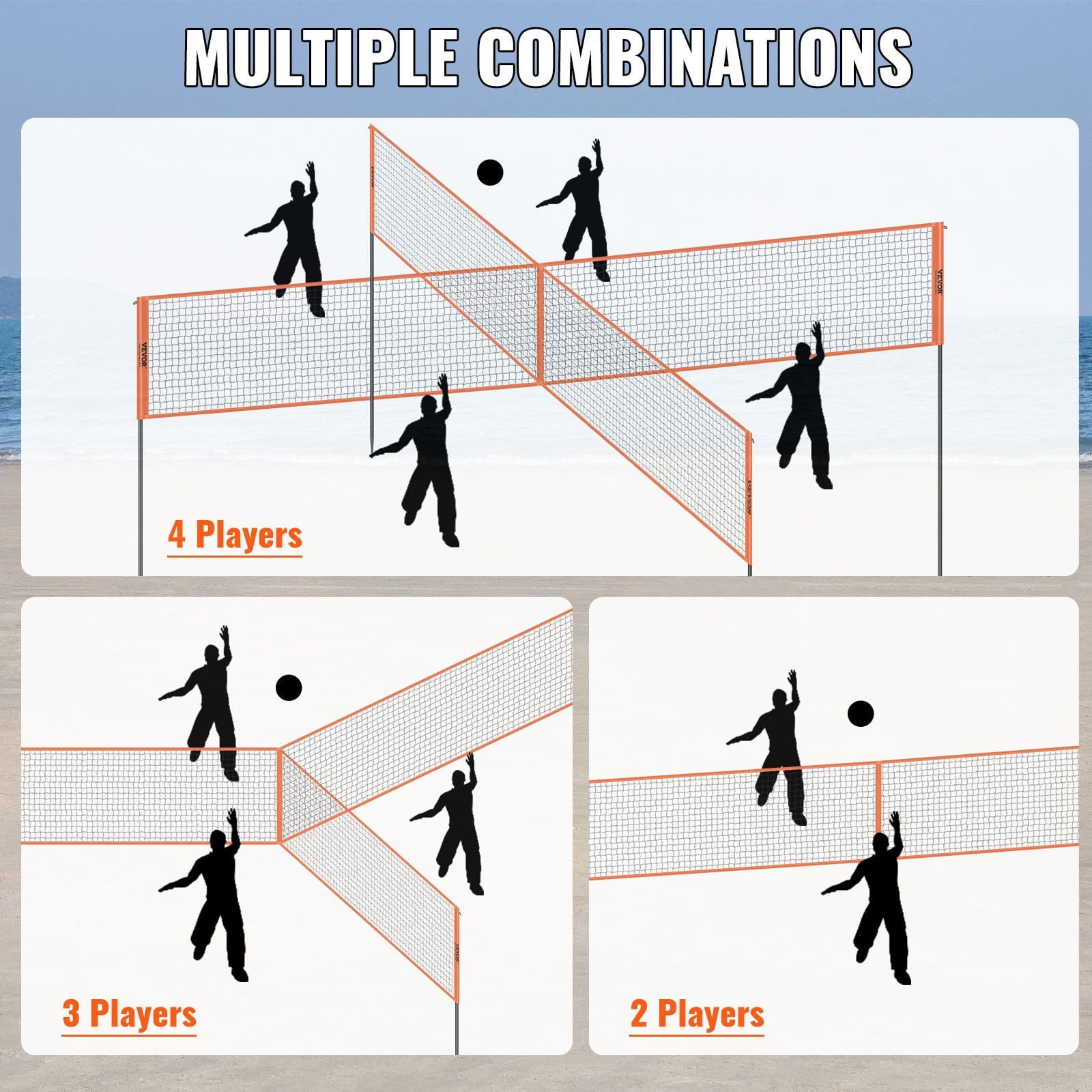 4 Way Volleyball Net Adjustable Height Badminton Net Set for Backyard Beach Lawn Outdoor Portable Volleyball Net with Carrying Bag 4 Square Quick Assemble Game Set for Kids and Adults