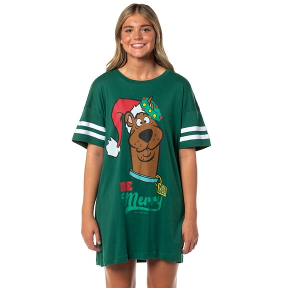 Scooby-Doo Women's Christmas Be Merry Nightgown Pajama Shirt Dress For Adults