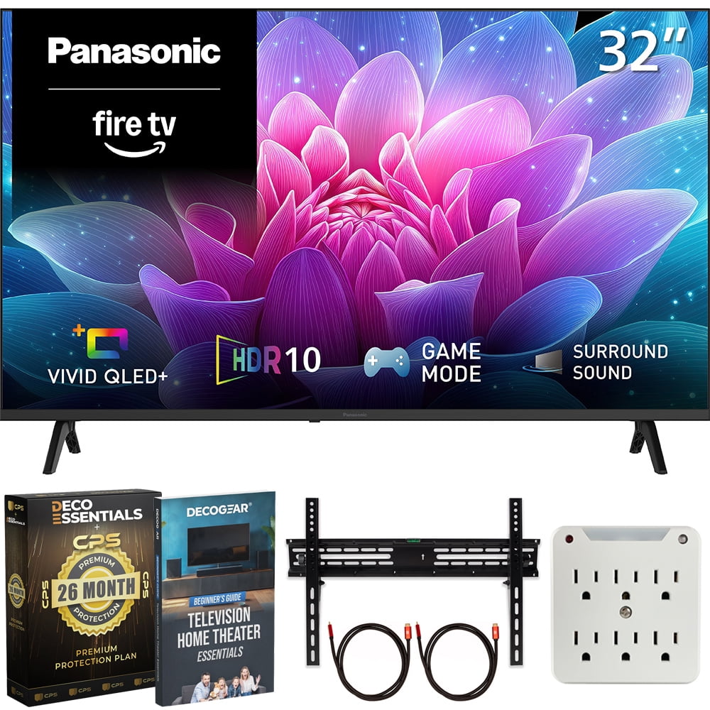 Panasonic 32" S65C Full HD 1080p 60Hz QLED+ Fire TV (2026) TV-32S65CPS Bundle with Deco Essentials CPS 26 Month Protection + 2x HDMI Cable + Wall Mount + 6-Outlet Surge Adapter + Deco Gear TV Guide
