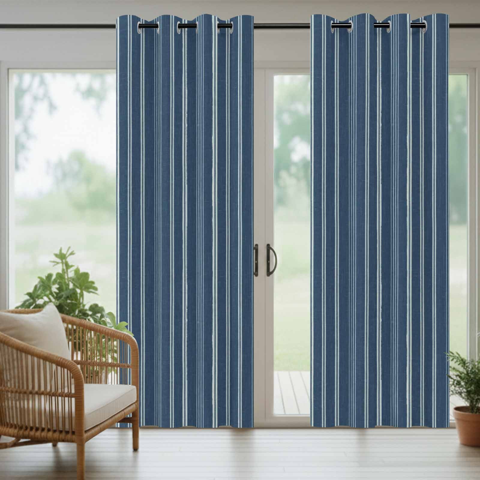 Navy Blue Striped Outdoor Curtains for Patio, Minimalism Stripes Modern Vintage Farmhouse Abstract Sunshade Privacy Drapes Grommet Waterproof Outside Curtains for Porch Balcony 54"x108", 1 Panel