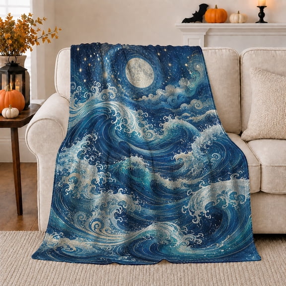 Ocean Waves beneath Moon and Stars, Dramatic Coastal Style for Ocean Lovers, Moonlit Wave Seascape and Retirement Gift, Cozy Flannel Blanket for Beach House and Bedroom, Home Decor