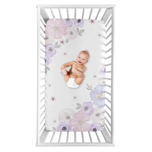 Sweet Jojo Designs Watercolor Floral Lavender Purple Grey and White Photo Op Fitted Crib Sheet