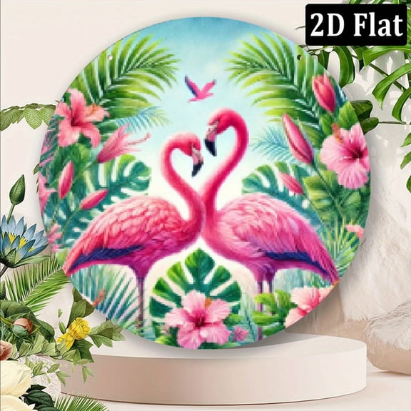 2D Flat, 1pc 8x8inch Aluminum 2D Flamingo Wall Decor, Printed Vintage Festive Party Round Metal Sign, Aesthetic Home Garden Welcome Accent, Iron Major Material, Eye-Catching Art for Por