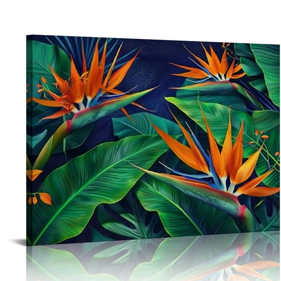 Acheng Tropical Flower Canvas Painting Bird of Paradise and Green Palm Leaf Pictures Wall Art Hawaii Floral Artwork Framed 20x16in