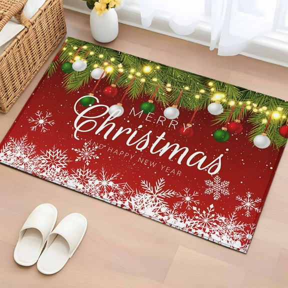 Christmas Ball Bathroom Rug Washable 2x3 Entryway Rug Non Slip Winter Snowflakes Xmas Pine Tree Red Front Door Mat Low Pile Indoor Doormat Throw Floor Carpet for Kitchen Bedroom Entrance
