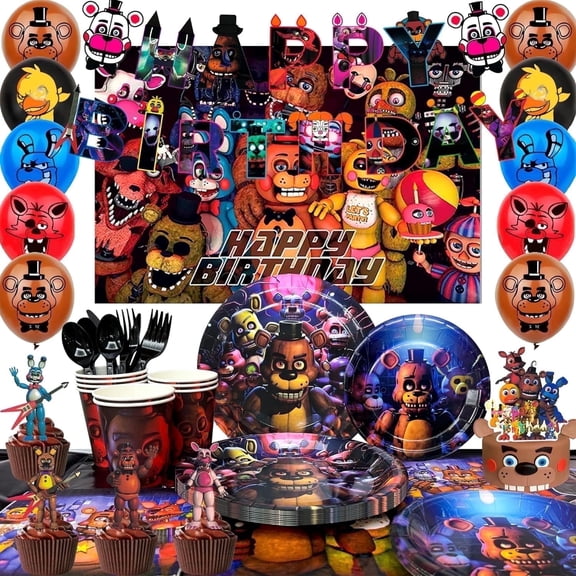 Fnaf Birthday Party Supplies, 112pcs Five Nights at Freddy's Birthday Decorations & Tableware Set - Fnaf Party Plates and Cups Tablecloth Backdrop Banner Balloon etc Fnaf Birthday Decorations