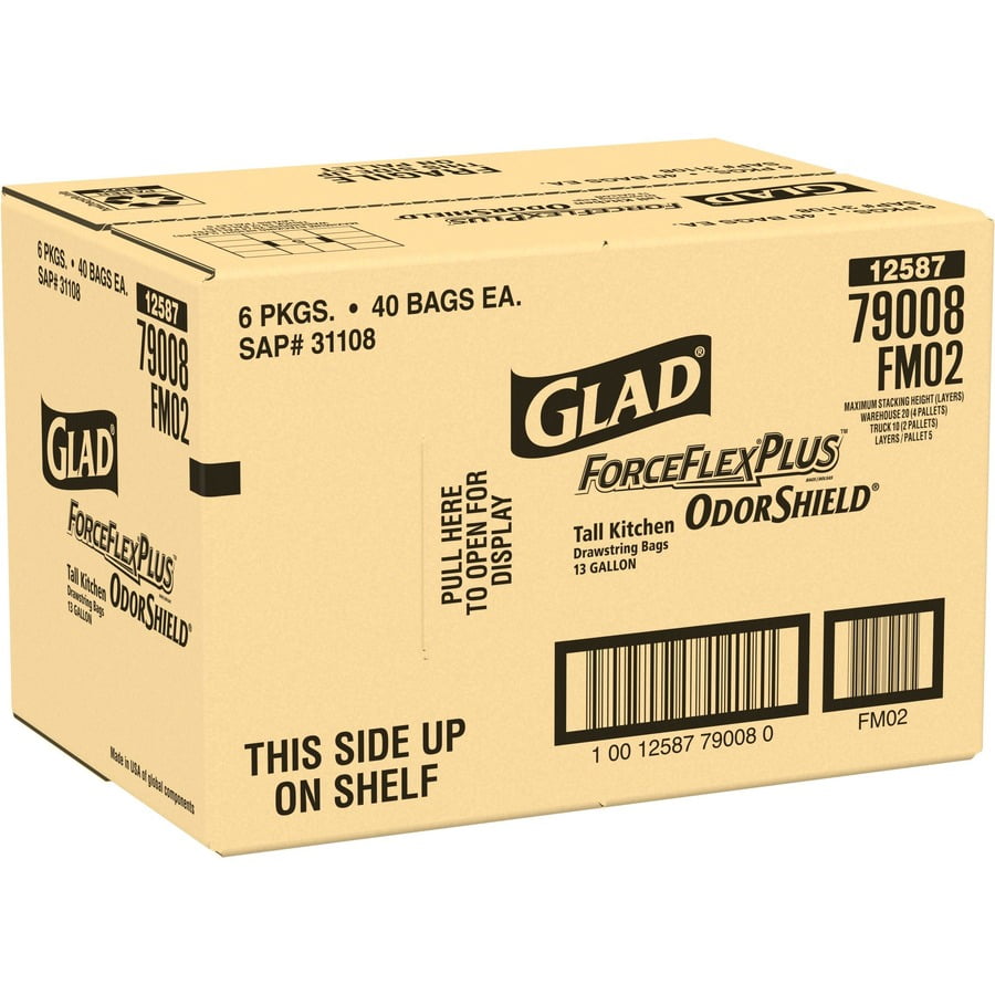 Glad Tall Kitchen Drawstring Trash Bags, 13 gal, 0.72 mil, 23.75 inch x 24.88 inch, White, 240/Carton - Clo79008, Size: One Size