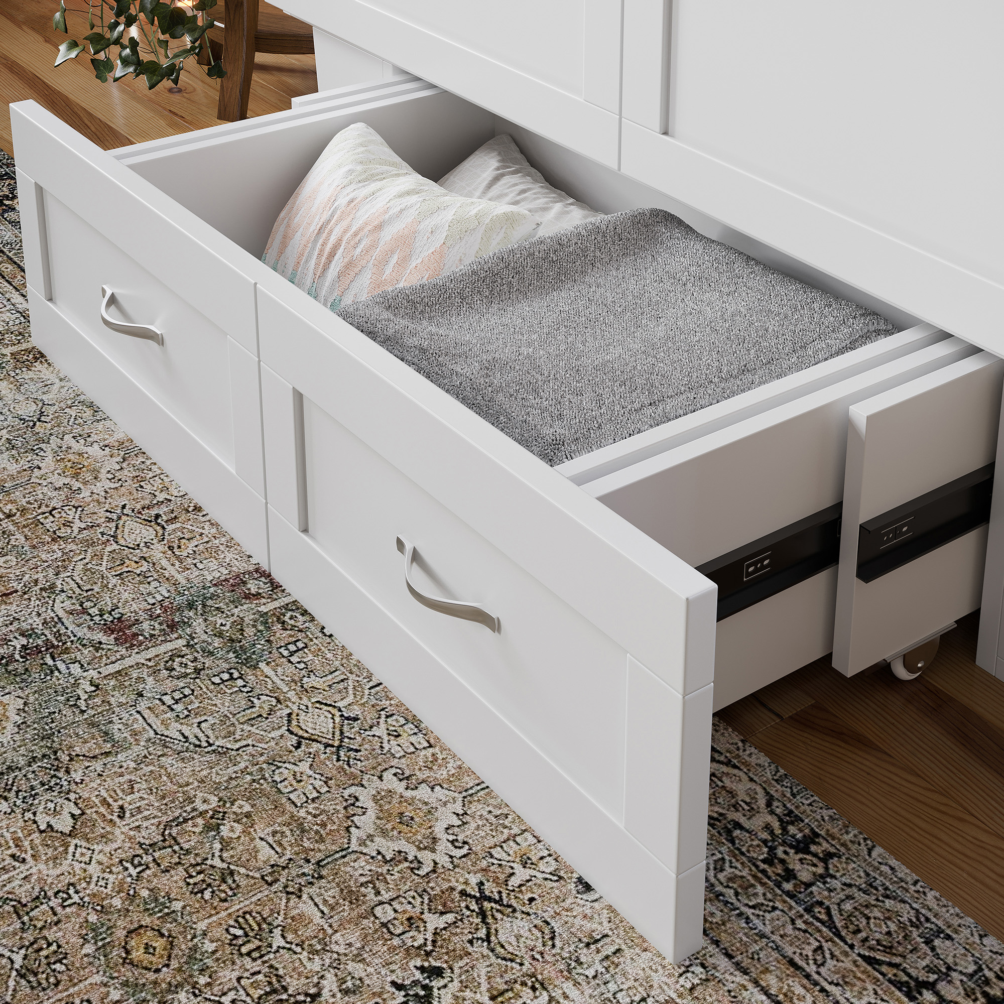 AFI Monroe Full Solid Wood Murphy Bed Chest with 6" Mattress, Drawer & Charger, White