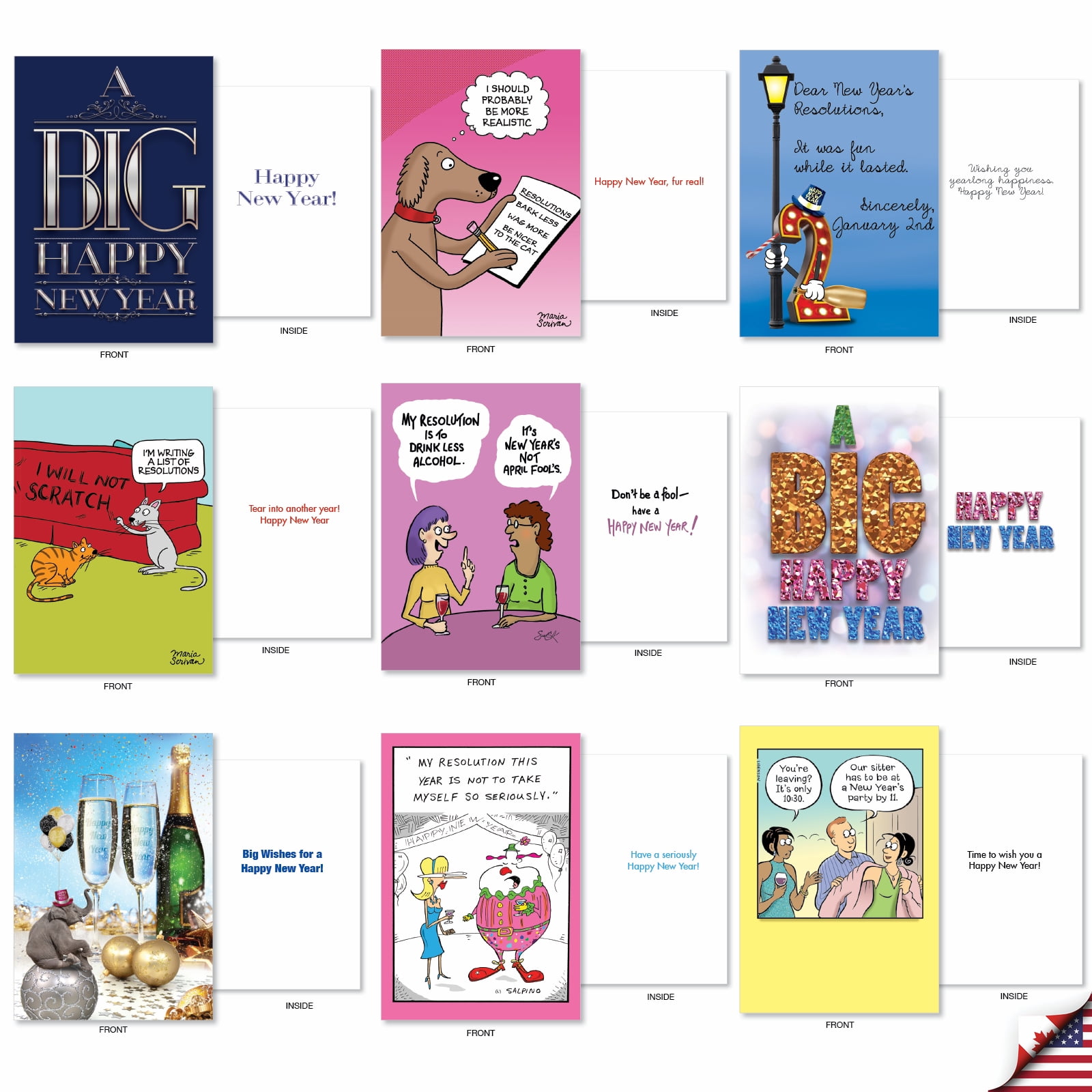 36 Assorted Set Hysterical New Year Greeting Cards - New Year Laughs - Funny Illustrations with Various Characters and Themes