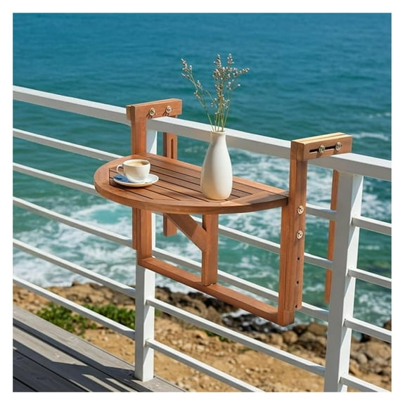 HYYOPBalcony Table, Acacia Wood Folding Balcony Bar Table for Railings, 65LBS Load-Bearing Adjustable Height & Width Hanging Bar for Patio, Deck, Porch – Semicircular