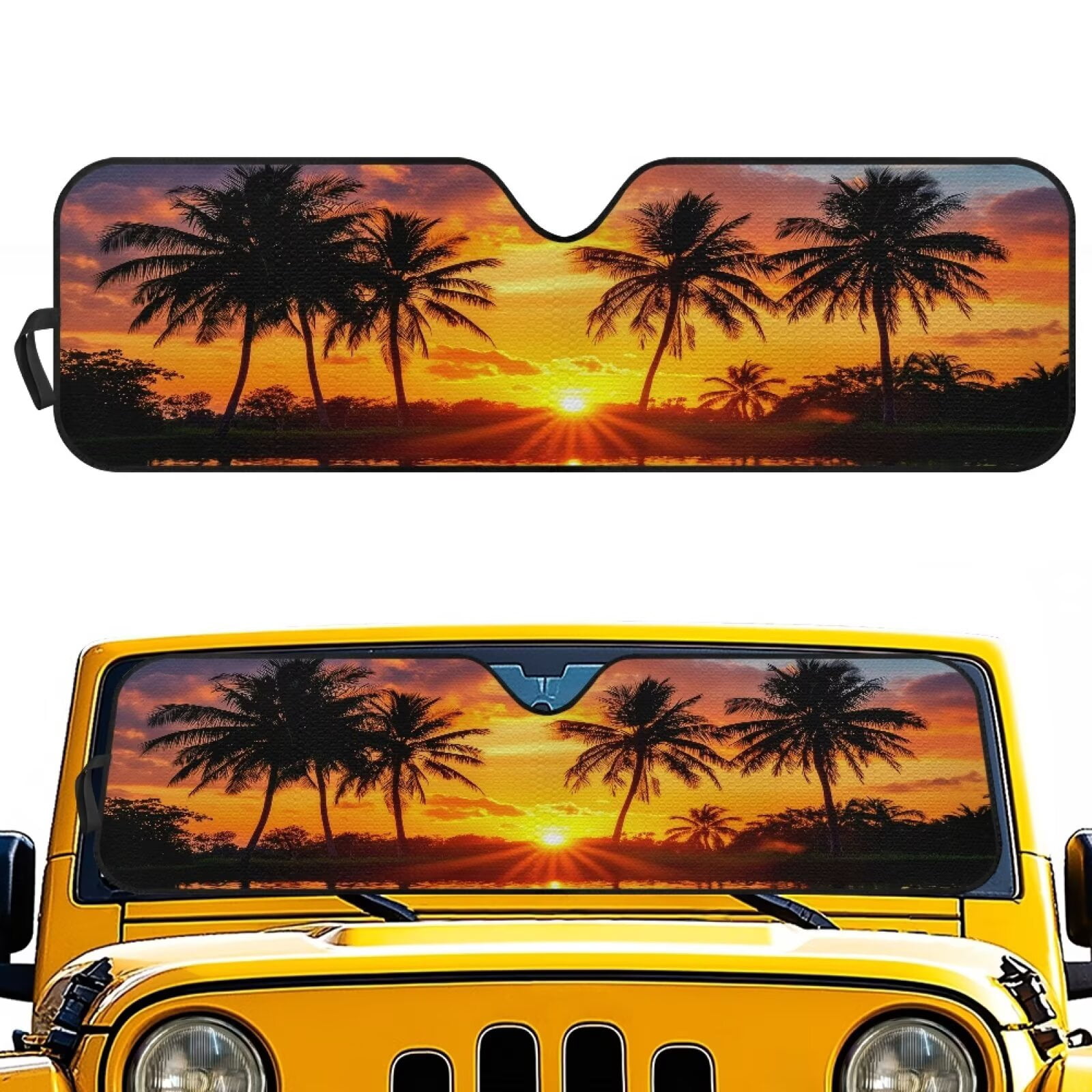 Binienty Car Windshield Cover Sun Shade Tropical Palm Tree Sunset Automotive Windshield Sunshades for Jeep Wrangler JKU 4-Door 2007-2018 Auto Outdoor Protective Accessories