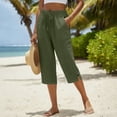 thumbnail image 4 of JFGHDG Women's High Waisted Linen Capri Pants Drawstring Elastic Waist Wide Leg Cropped Casual Trousers with Pockets and Button Split Hem Green 4XL, 4 of 7