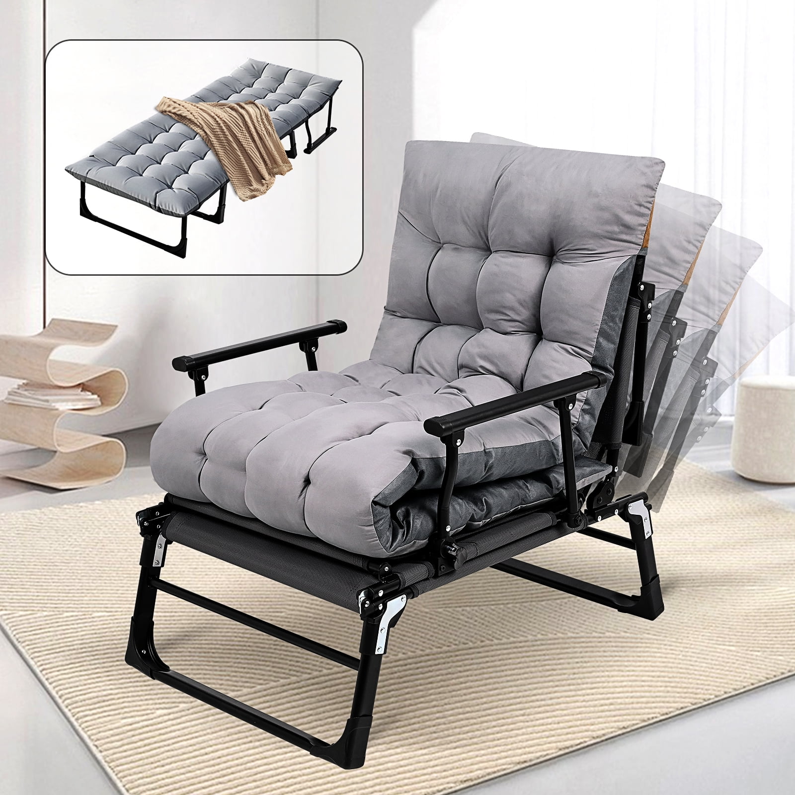 Slsy Folding Chair for Bedroom and Living Room, 3 in 1 Folding Lounge Chair  with Removable Cushion for Indoor Outdoor, Folding Cots Sleeping Cots for  Adults 