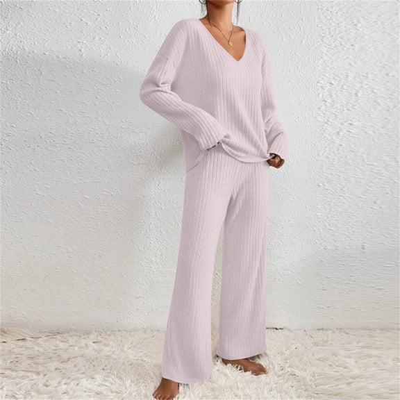 Tauxra Womens Fashion Tops,Womens Pants Casual,Long Sleeve Knit Set for Women, Solid Color V Neck Casual Pants,Womens Long Sleeve Tops