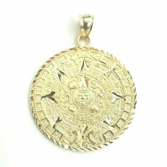 14k yellow Gold Aztec Mayan sun calendar Azteca pendant gift jewelry 1.20" 6.8g
