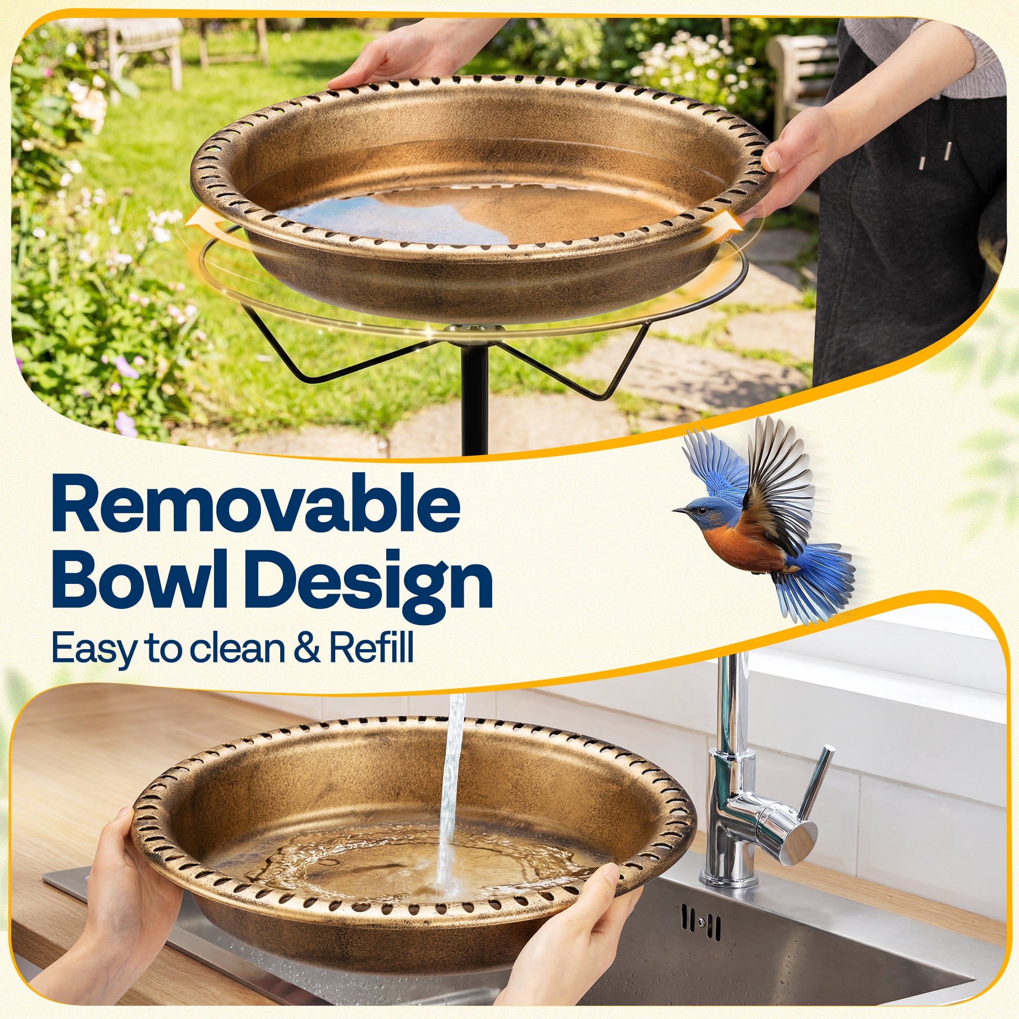 SPECSTAR Oval Bird Bath with Solar Fountain for Outside, Weather-Resistant ABS Birdbath Bowl with Solar Powered Pump, Metal Ground Stake for Outdoor, Garden, 1.3 Gallons, Copper
