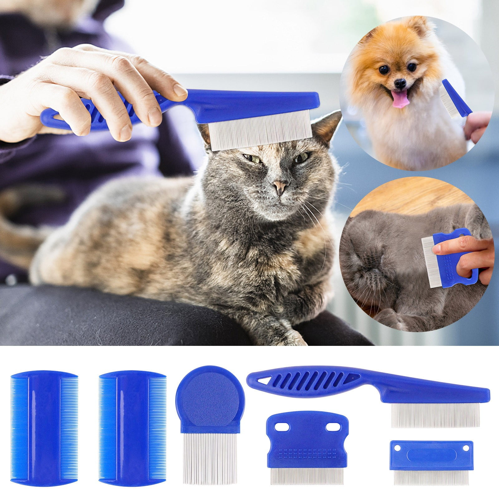 QISIWOLE Pet Flea Comb 6 piece Set Of Blue Comb Stainless Steel Needle Dense Tooth Cat And Dog Comb Deals