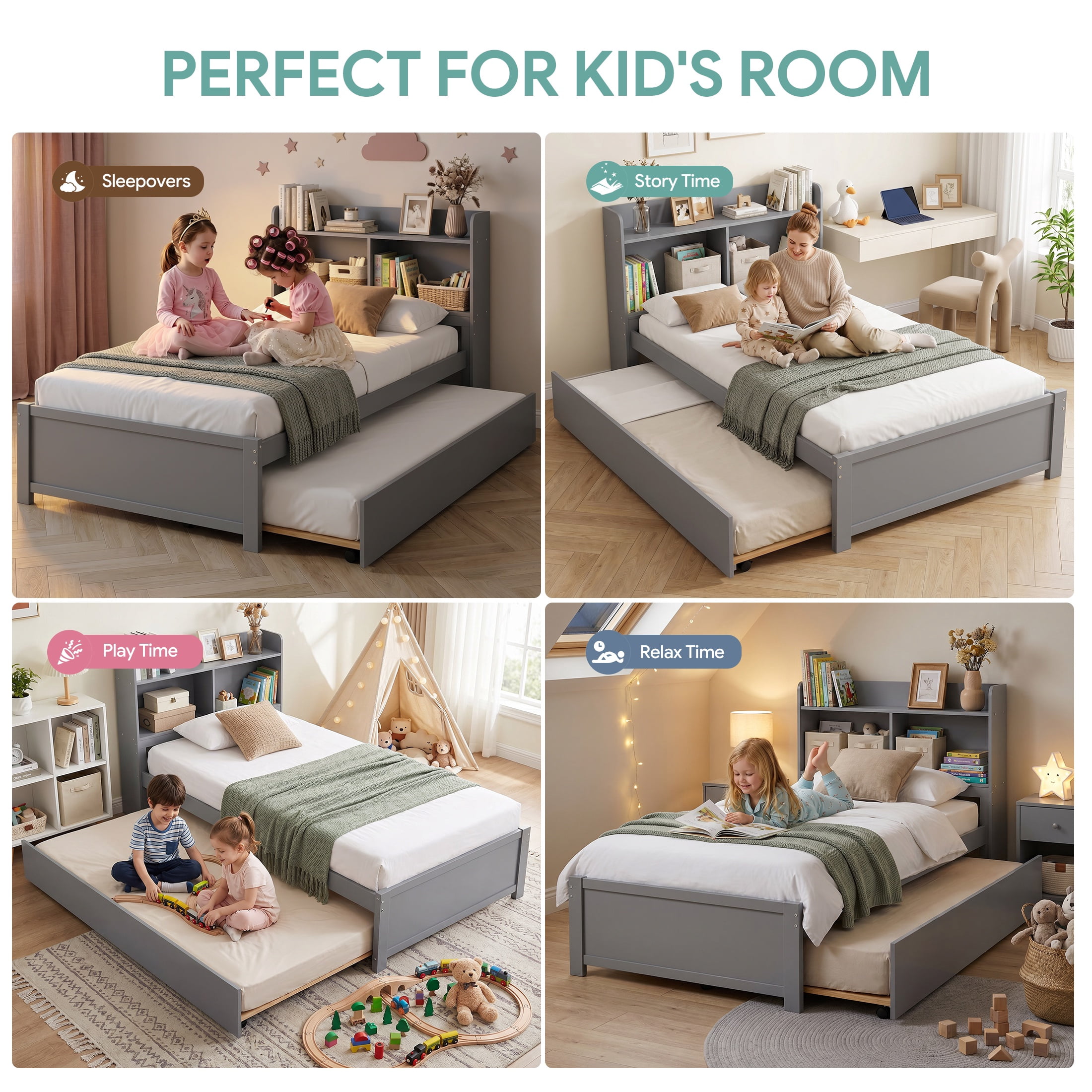 UHOMEPRO Twin Trundle Bed with Storage Headboard, Gray Trundle Bed Frame for Kids Girls Boys, Twin Bed with Trundle, No Box Spring Needed