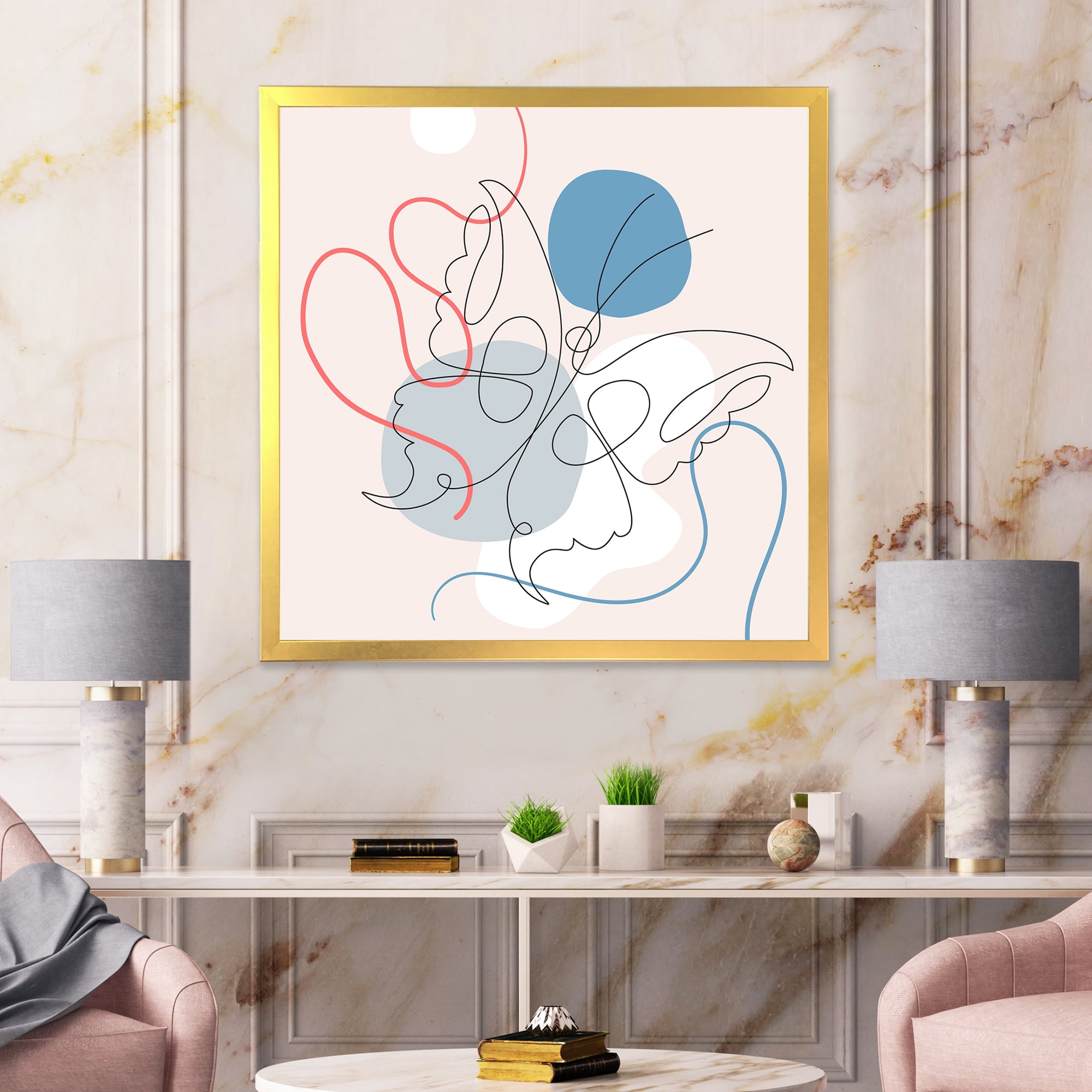 Designart 'Butterfly With One Line Drawing On Cubism Shapes I' Modern Framed Art Print