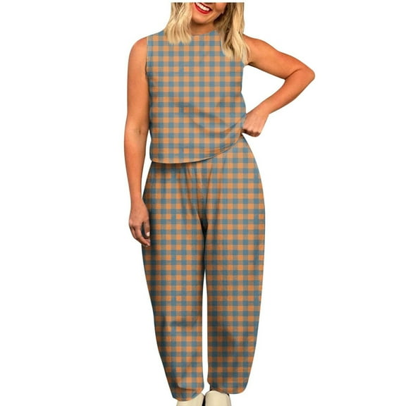 Plaid Sets Women 2 Piece Outfits, Audhol Striped 2 Piece Pants Sets for Women Y2K Gingham Outfits Sleeveless Tank Top and Wide Leg Barrel Pants Suits Gingham Set Women Khaki L