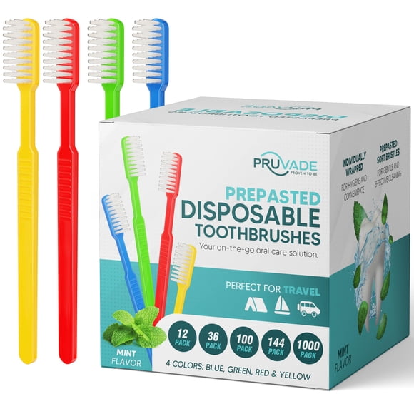 Cepillo de dientes desechable Pruvade, paquete de 144 con pasta de dientes