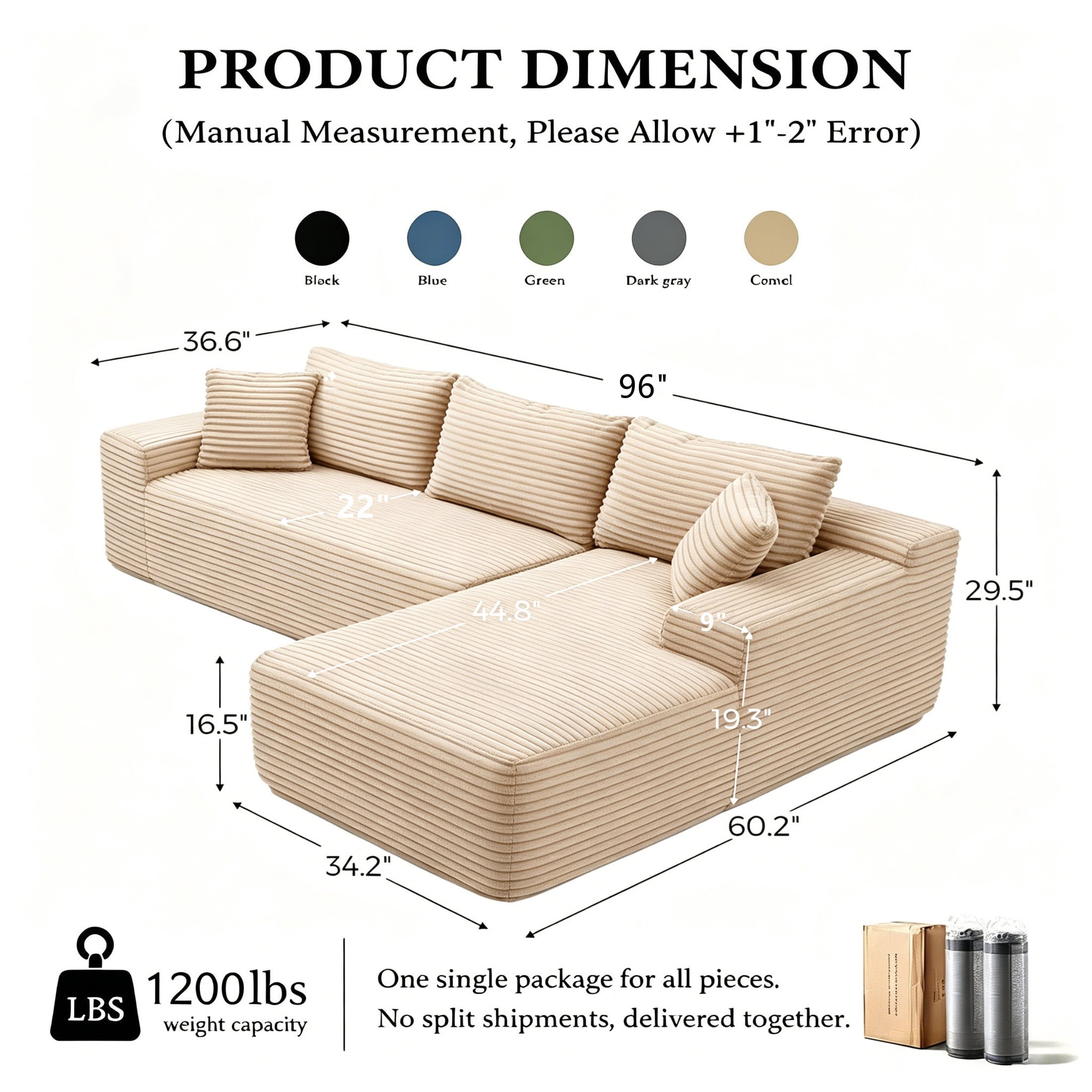 Aukfa 96" Cloud Sectional Sofa Deep Seat Boneless Couch Modular L-Shaped Couch, Right Chaise Corduroy Sofa for Living Room, Camel