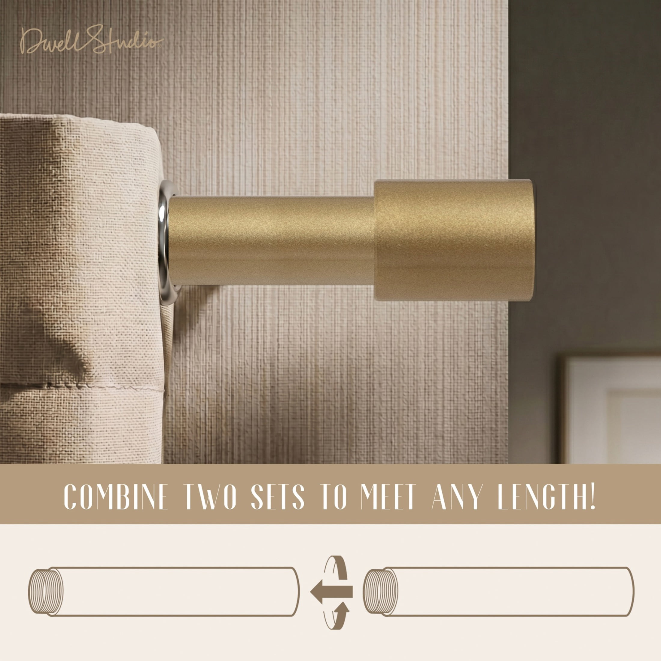 Dwell Studio, Cutomizable Curtain Rods, 3/4" Iron Material, 20 inch-120 inch Kit, Satin Brass