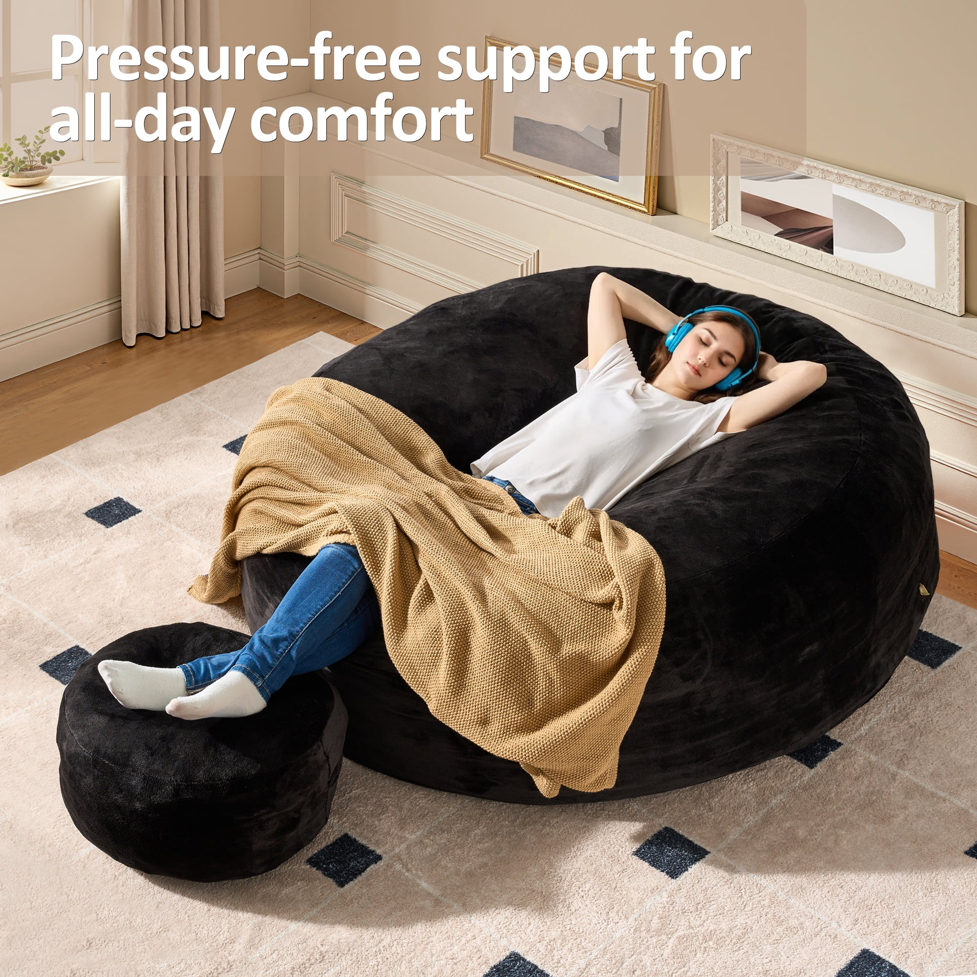 Vcatnet 59" Oversized Bean Bag Chair for Adults with Ottoman Giant Bean Bag Sofa Couch with Memory Foam Upholstered Lazy Floor Sofa for Living Room Bedroom, Black