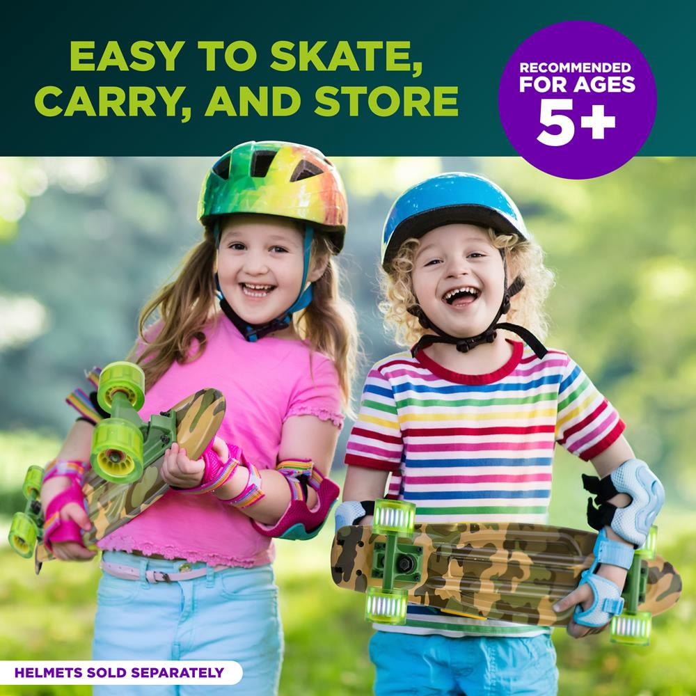Hurtle Standard Skateboard Mini Cruiser - 6'' PP Deck Complete Double Kick Skate Board w/ 3.25" Aluminum Alloy Truck, PU Wheels w/LED Light - for Kids, Teens, Adults (Camo) with  6.3 weight