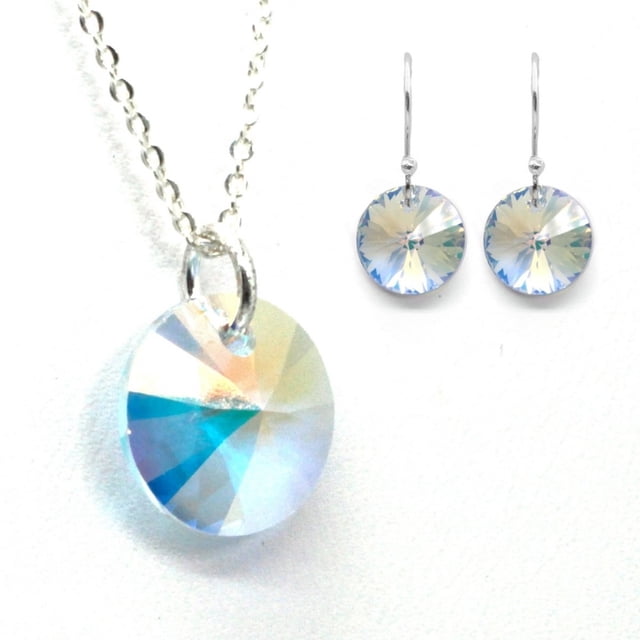 Juego de Aretes y Cadena con Dije Corte Xilion ZVEZDA Plata Mexicana Ley .925 Aurora Boreal