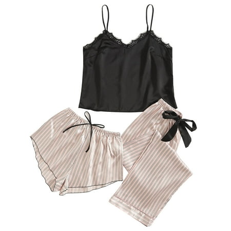 

Girls Striped Print Lace Strap Underwear And Shorts Long Pants 3Pc Suits Sets Sleepwear
