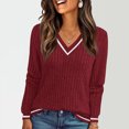 thumbnail image 3 of Wutalume Women's Long Sleeve V Neck Color Block Slim Knit Sweater, Fall Soft Lightweight Top, Solid Base Layer for Styling and Comfort,Wine L, 3 of 6