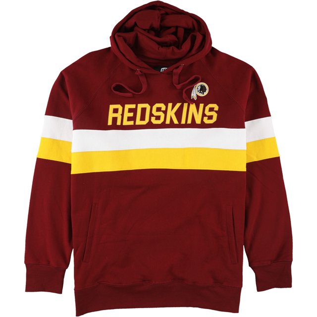 sudadera con capucha hands high para hombre washington redskins rdk xl Sudadera roja con capucha y bolsillo canguro, vista frontal; franjas horizontales blanca y amarilla en pecho y mangas, texto 'REDSKINS' en amarillo y logo del equipo en lado izquierdo, puños y dobladillo acanalados, manga larga, 60% algodón 40% poliéster; sudadera NFL casual para uso diario.