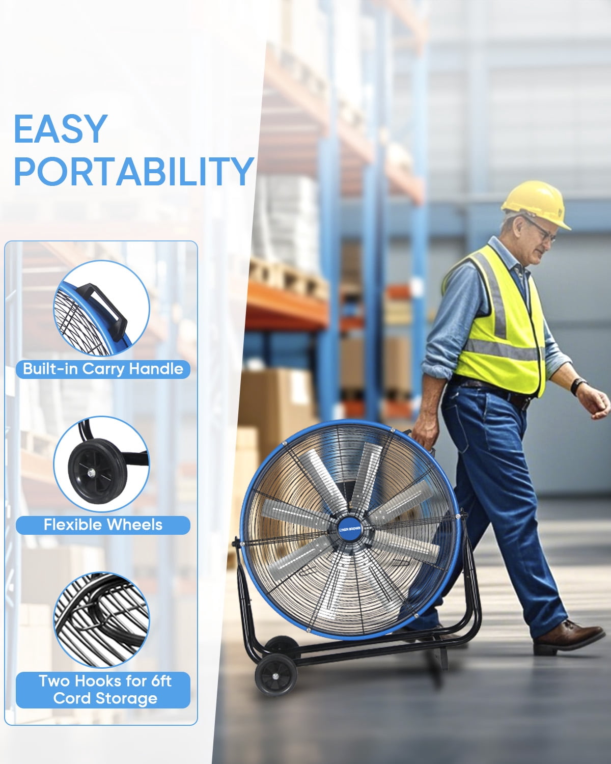 KEN BROWN 24 Inch Industrial Drum Fan, 9500 CFM, 3-Speed, 360° Tilt, Heavy Duty High Velocity for Shop Gym Garage Commercial Use, Blue
