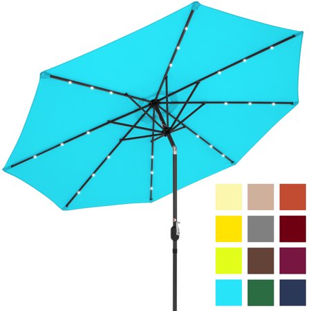 60in Vented Umbrella - Best Choice Products 10ft Solar Powered LED Lighted Patio Umbrella w/ Tilt Adjustment, Fade-Resistant Fabric, Wind Vent - Light Blue