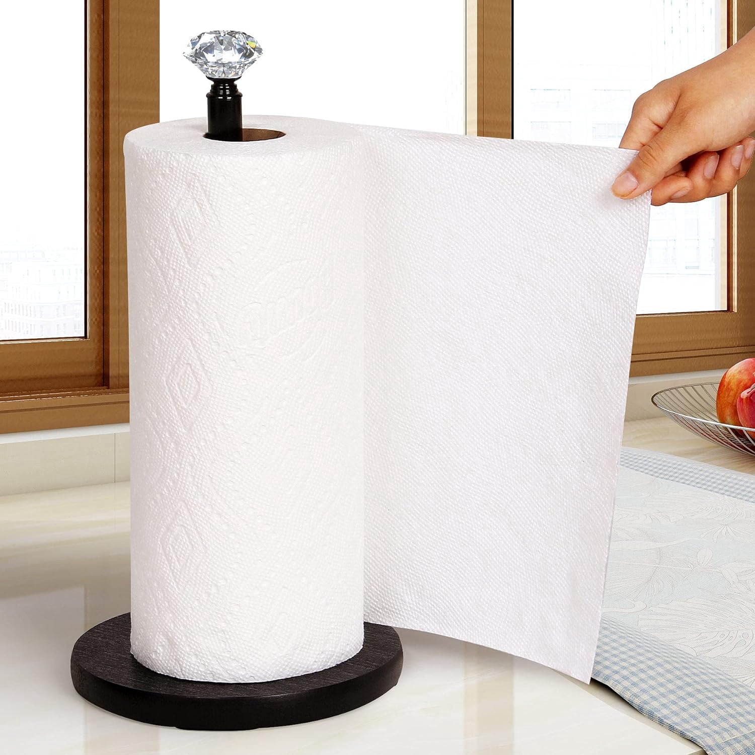 Paper Towel Holder Countertop, , Crystal Paper Towel Stand Holder, Black Solid Wood Weighted Paper Towel Holders for Standard and Large Size Rolls (Black)